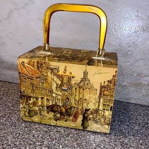 60s vintage decoupage purse; embellished w/ladybug, quilted liner; enamel handle